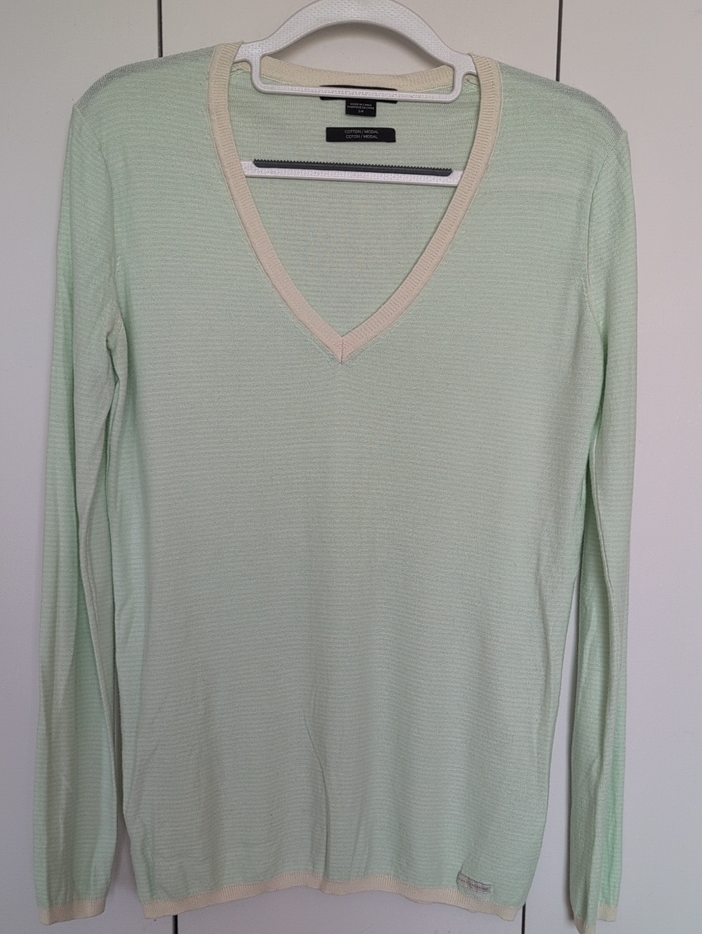 Armani Exchange Pale Mint V‑Neck Long Sleeve Top with Cream Trim